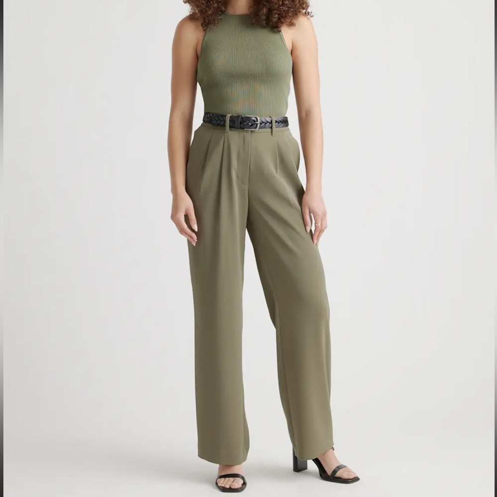 NWT 💚 QUINCE Olive Stretch Crepe Pleated Wide Leg Pants; Size 6, 30L - Picture 2 of 16
